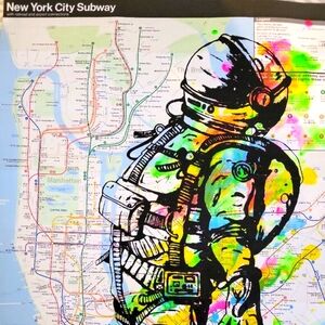 Handpainted Astronaut Acrylic Graffiti Art Spaceman artwork on a NYC Subway Map